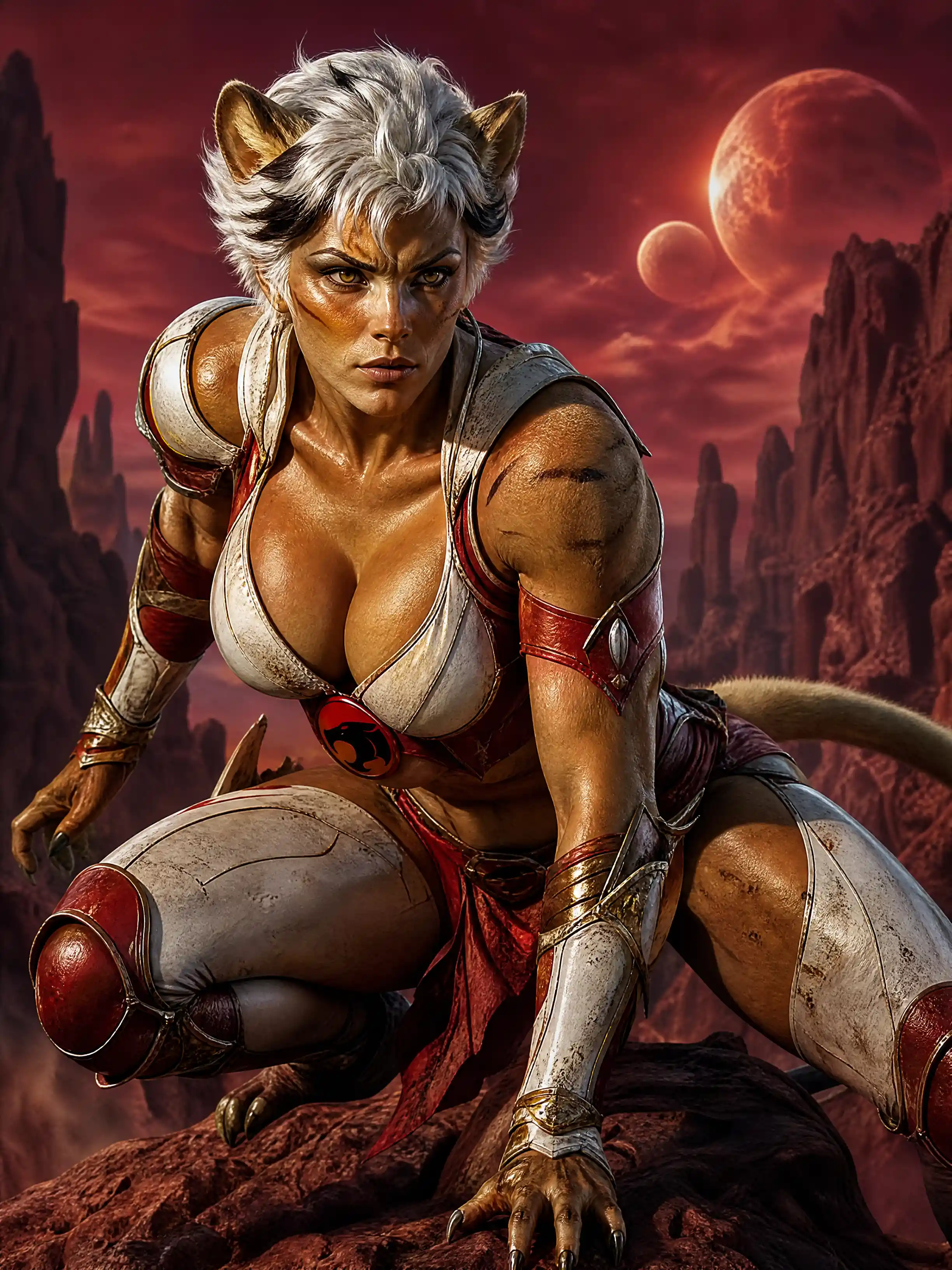 Feline warrior woman crouching in crimson canyon twilight