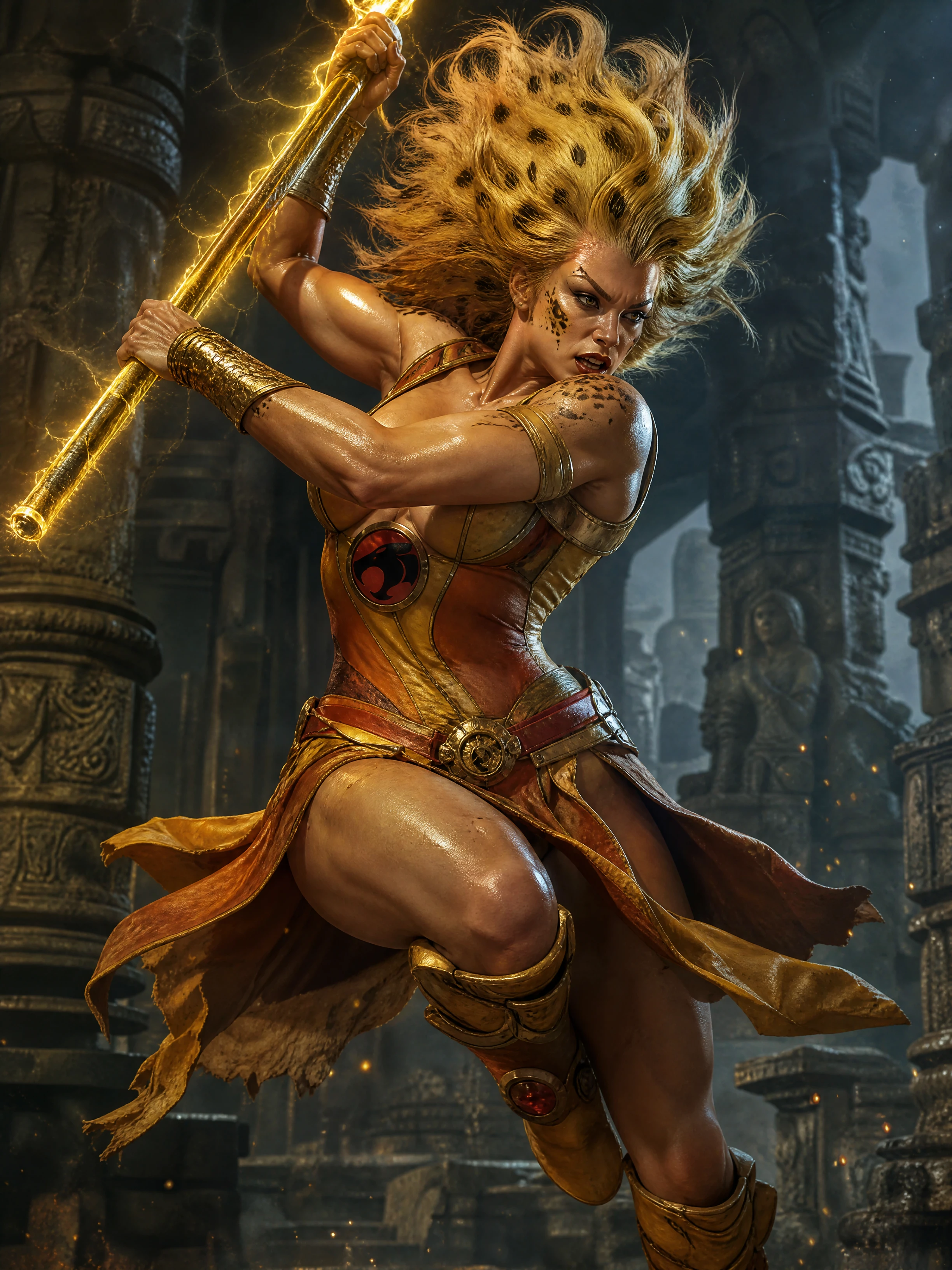 Fierce feline warrior leaping with glowing staff in ruins