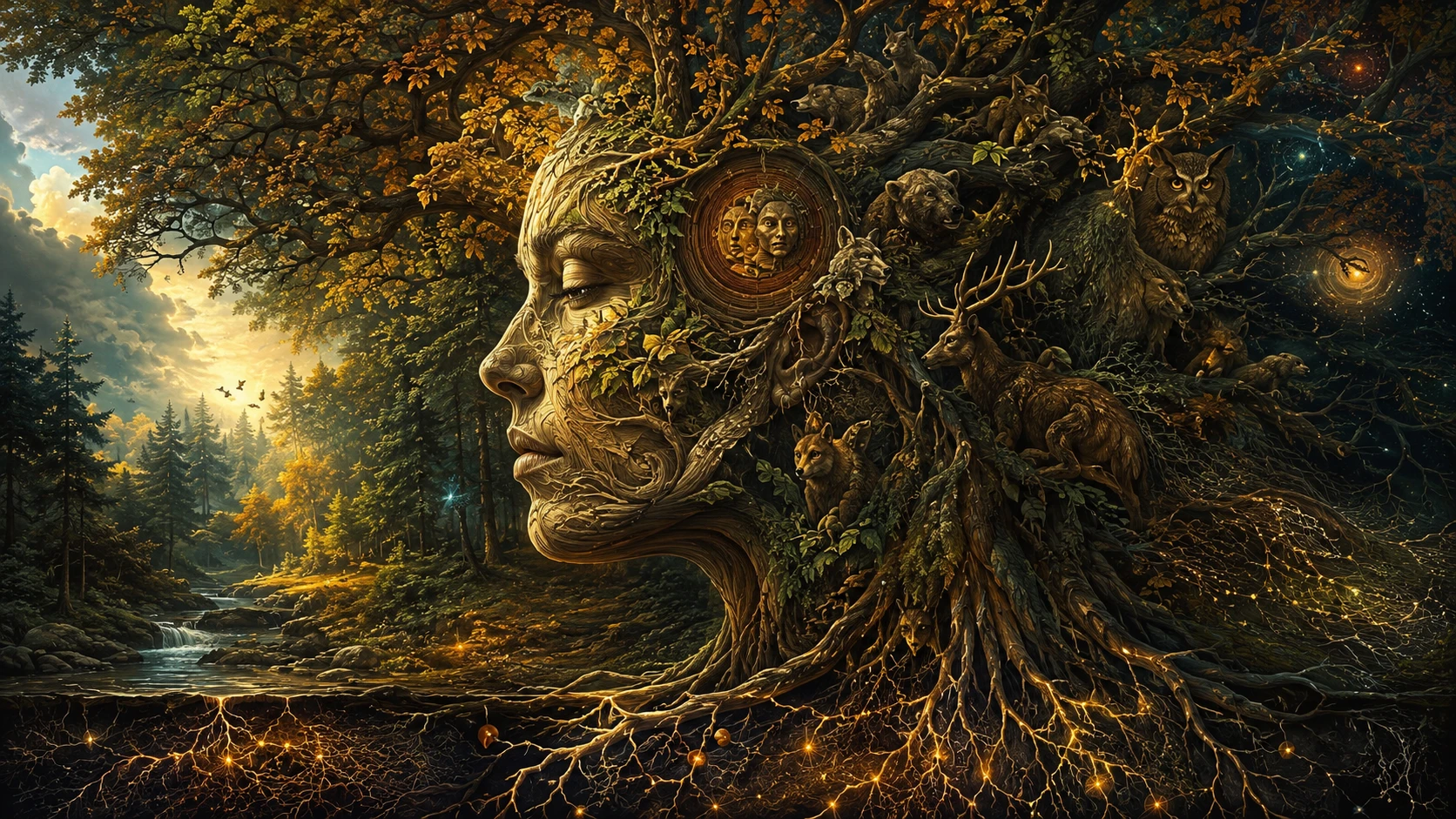 Ancient Oak Morphing Into A Human Face In Autumn Forest
