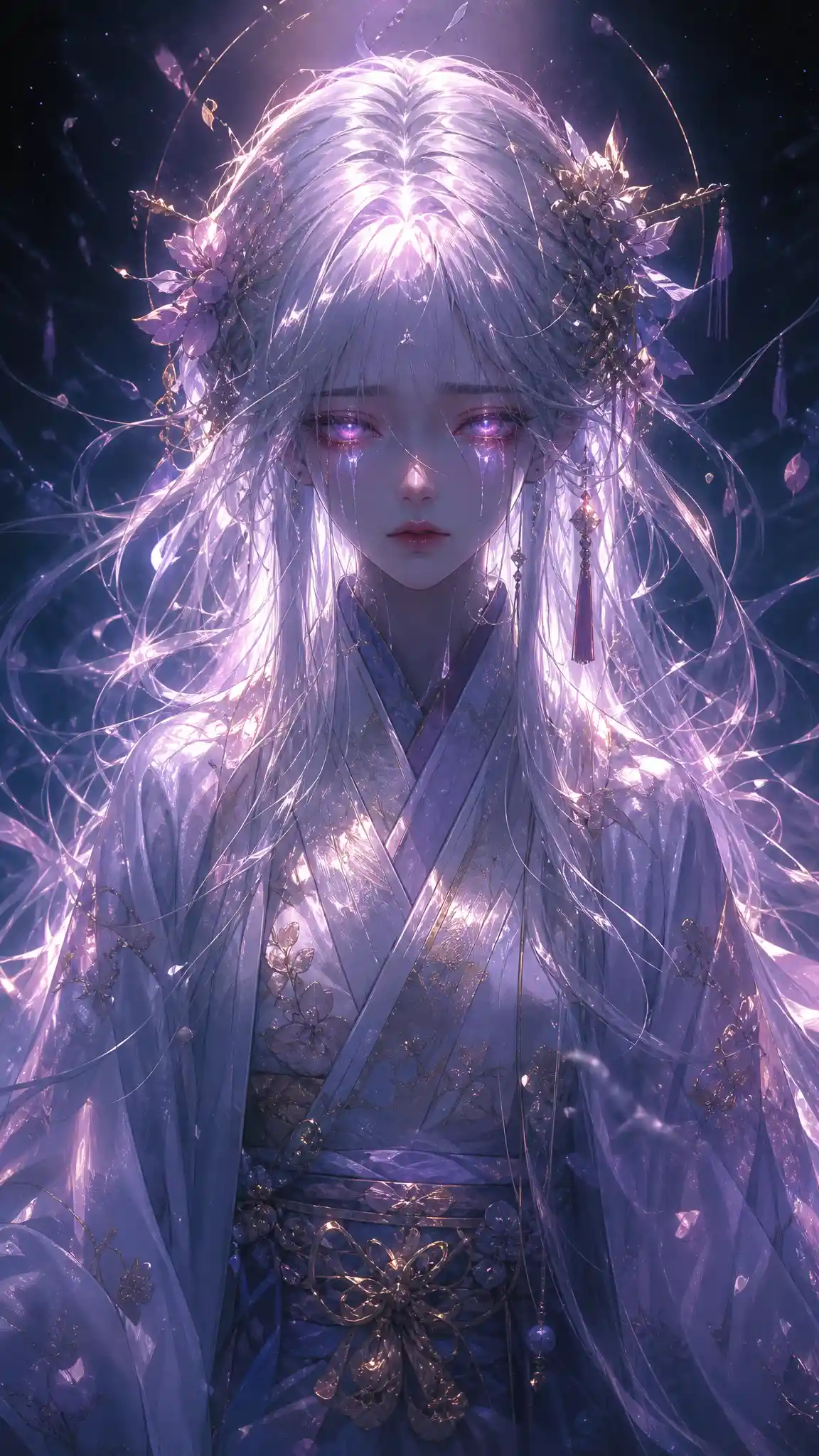 3D anime girl with glowing eyes in sorrowful darkness