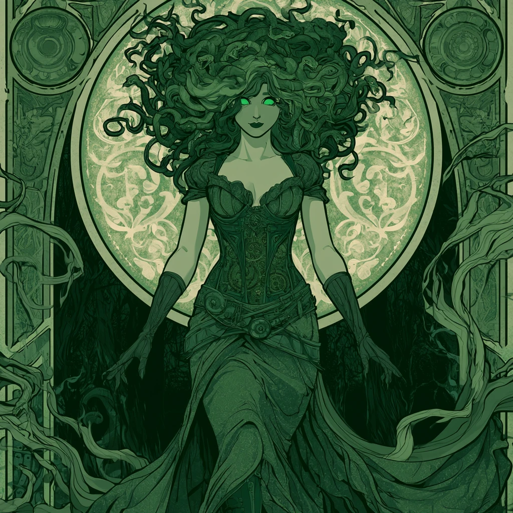 Surreal ink Medusa woman walking in enchanted forest