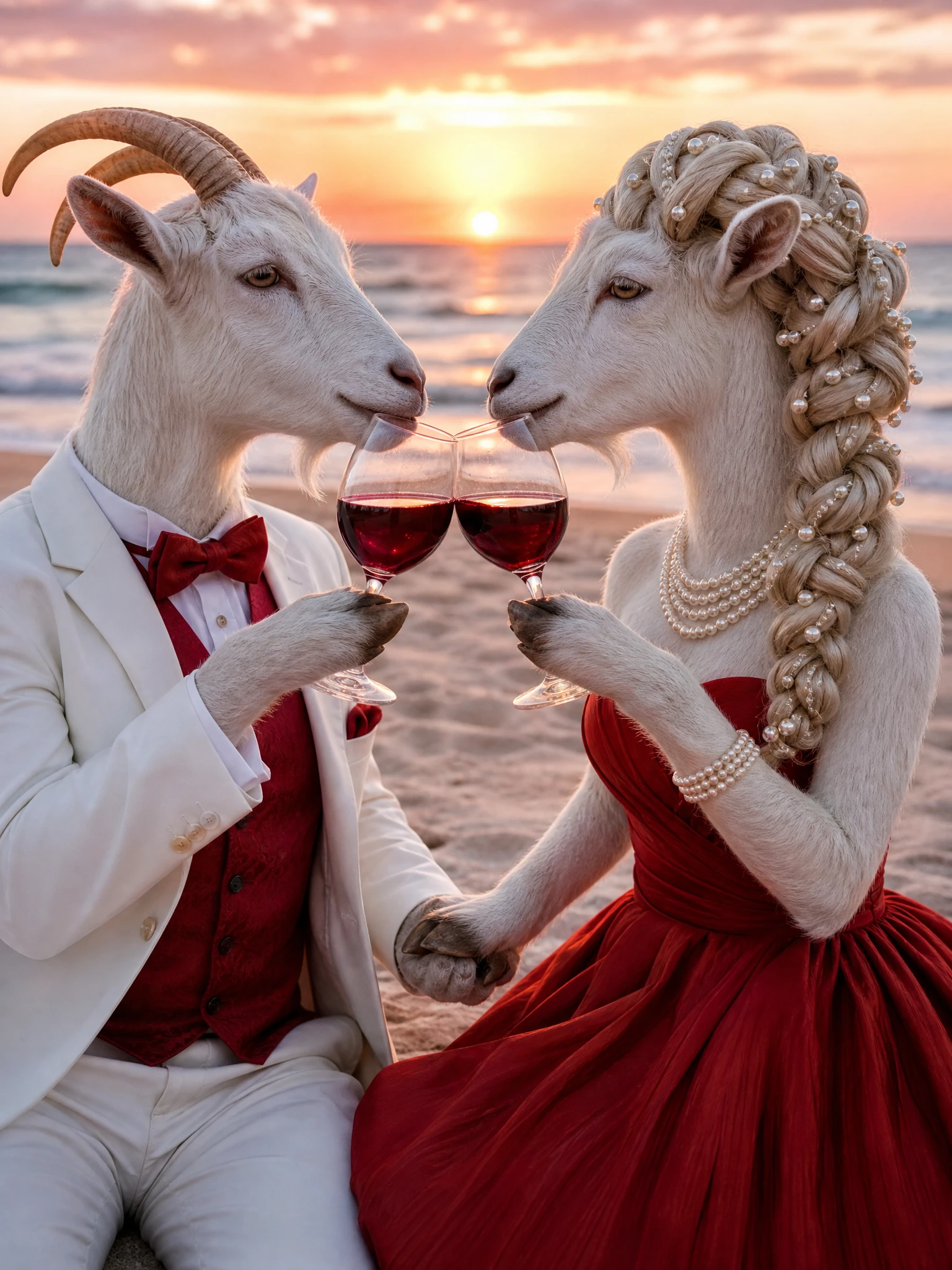 Elegant goat couple toasting with wine at sunset beach