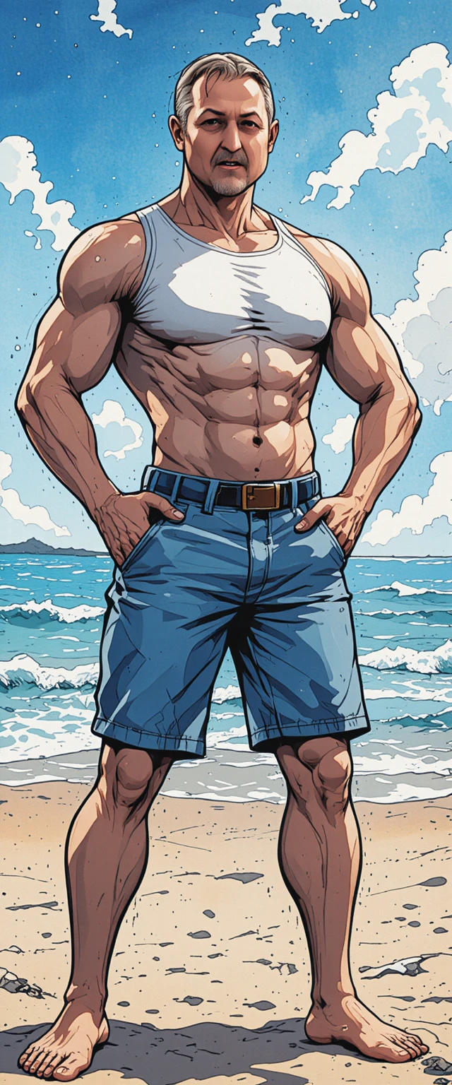 Muscular young man posing on a sunny beach in comic style