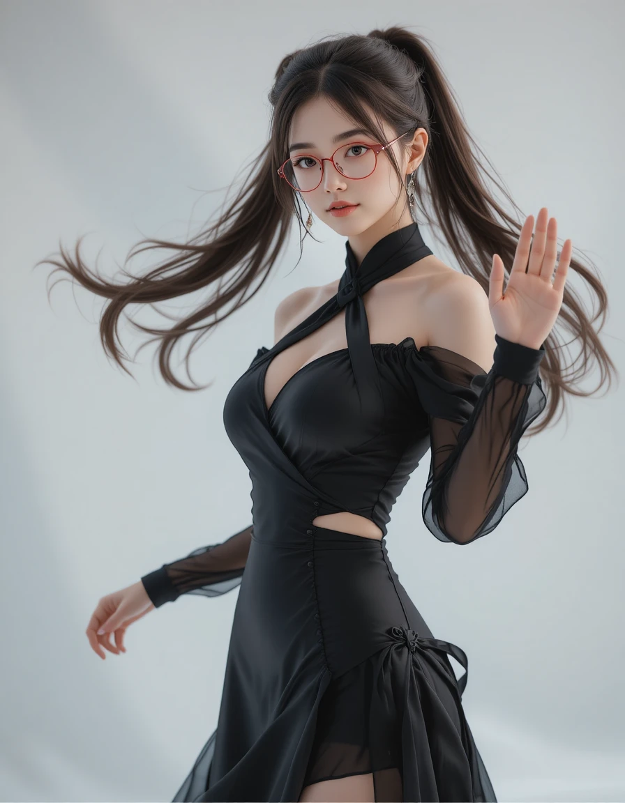 Elegant Japanese heroine in black fantasy fashion dress
