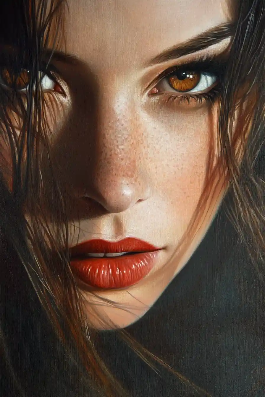 Airbrushed portrait of a calm woman with red eyeshadow