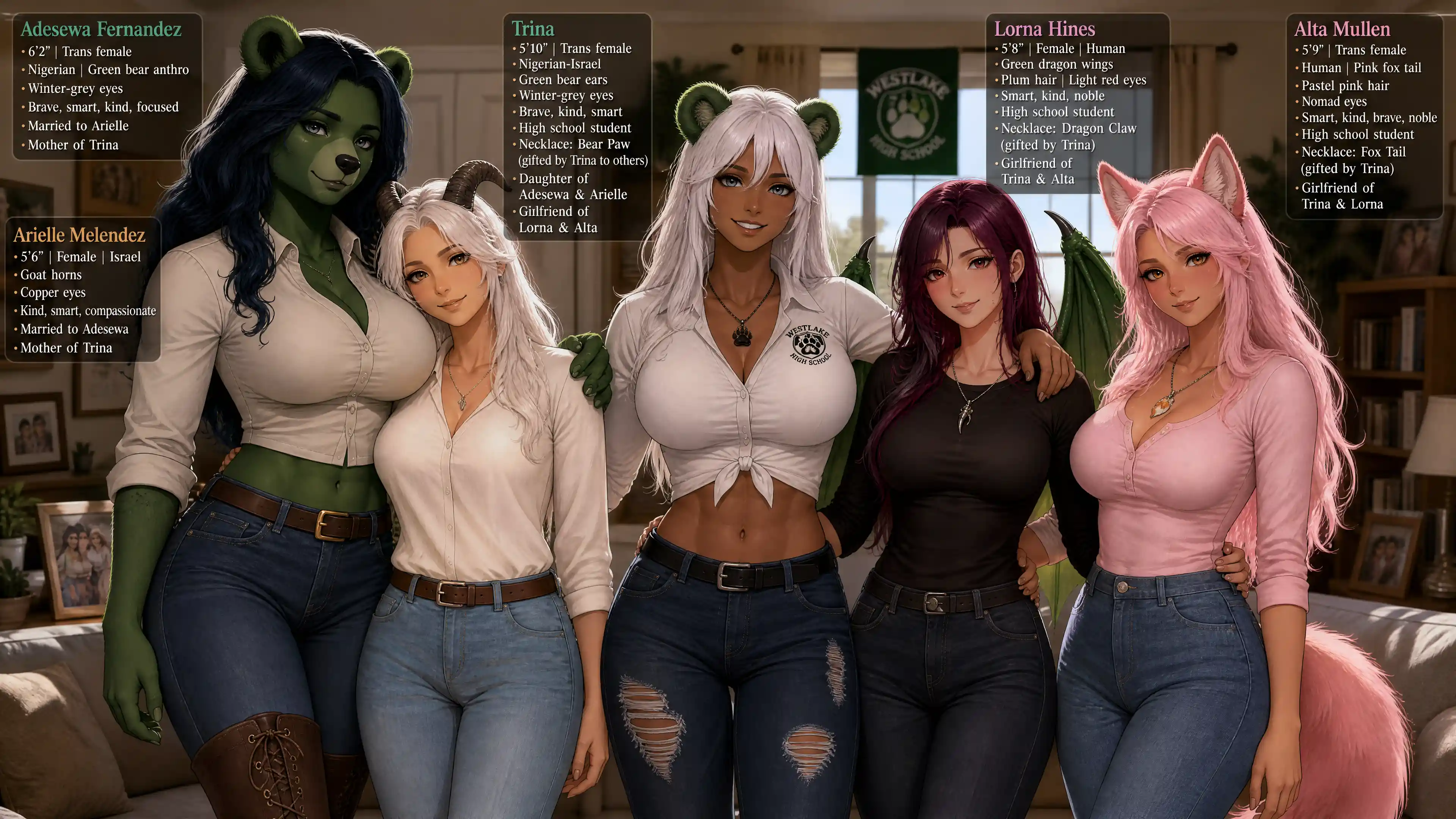 Tall green fur anthro woman with midnight blue hair