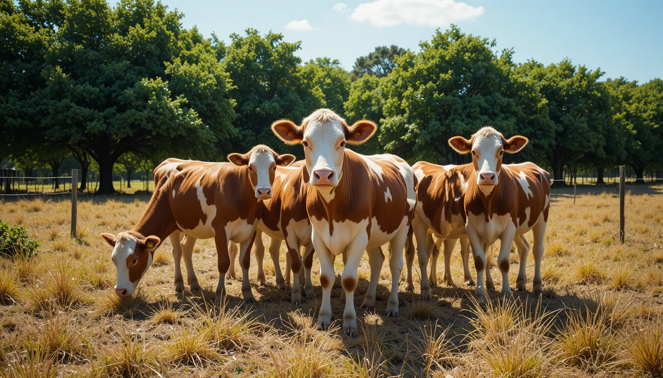 Brown and white cows clustered in a sunny dry field