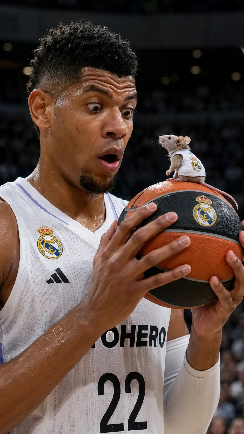 Basketballspieler starrt auf Ball mit winzigem Mäuse-Mitspieler