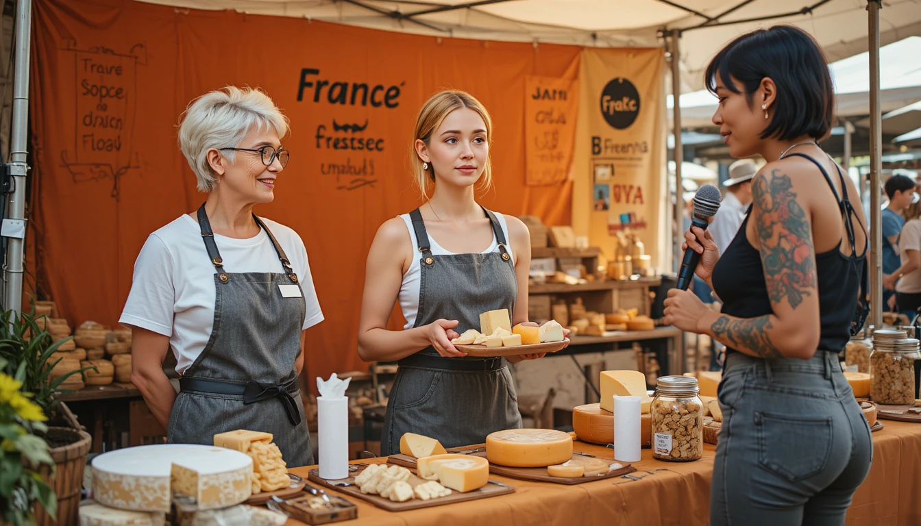 Women presenting cheese samples at outdoor market stall