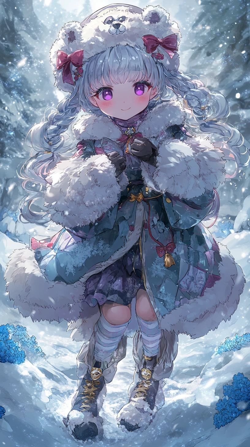 Anime girl in ornate winter dress with braided hair