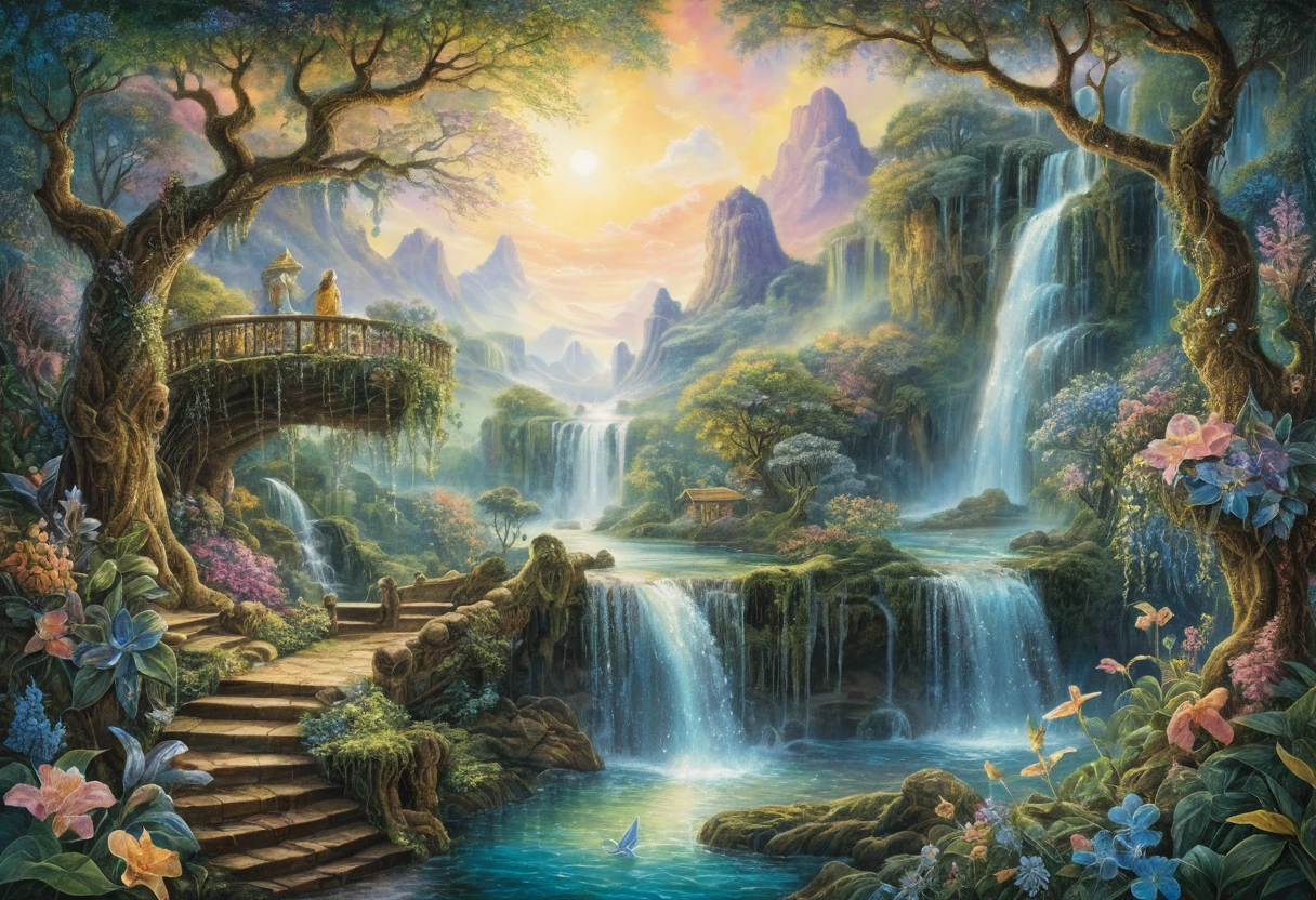 Fantasy fairy among flowers and waterfalls in enchanted forest