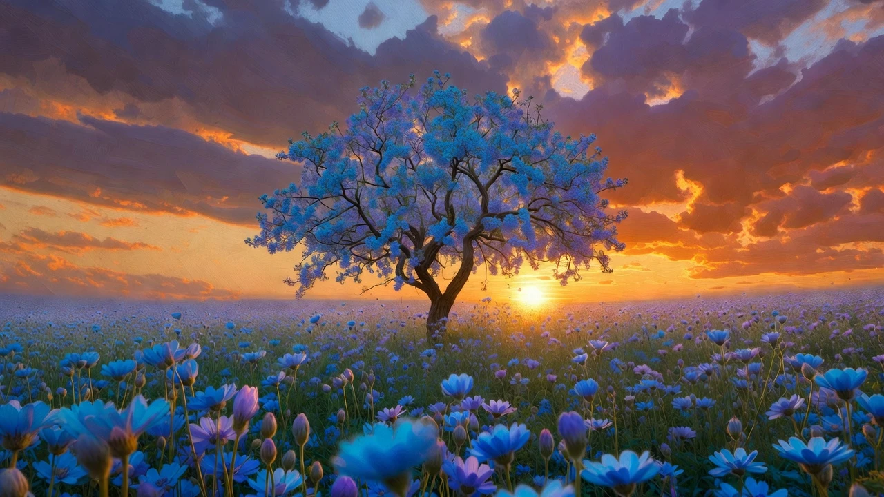Blue and violet flowering tree in a vast sunset meadow