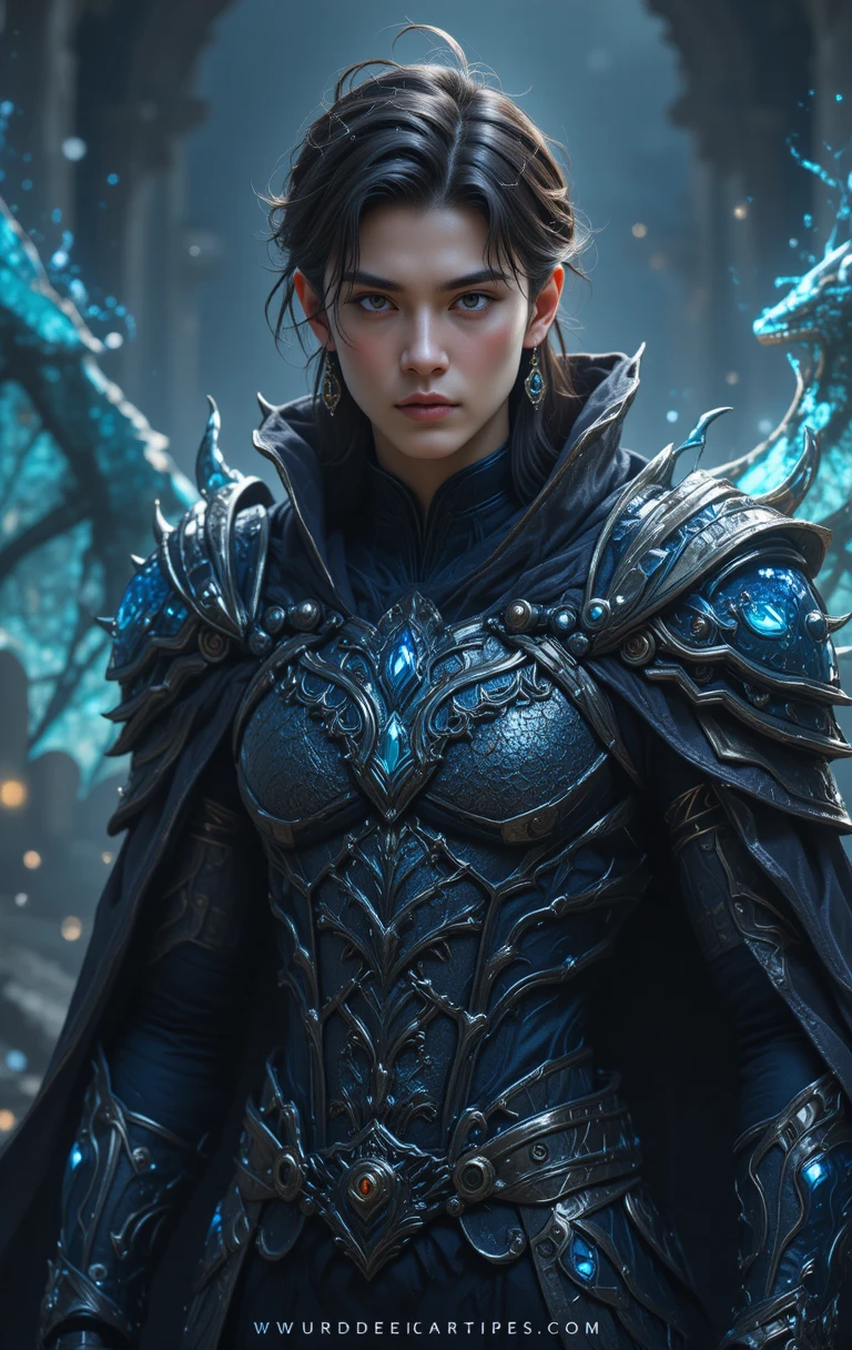 Armored anime warrior with draconic features and glowing runes