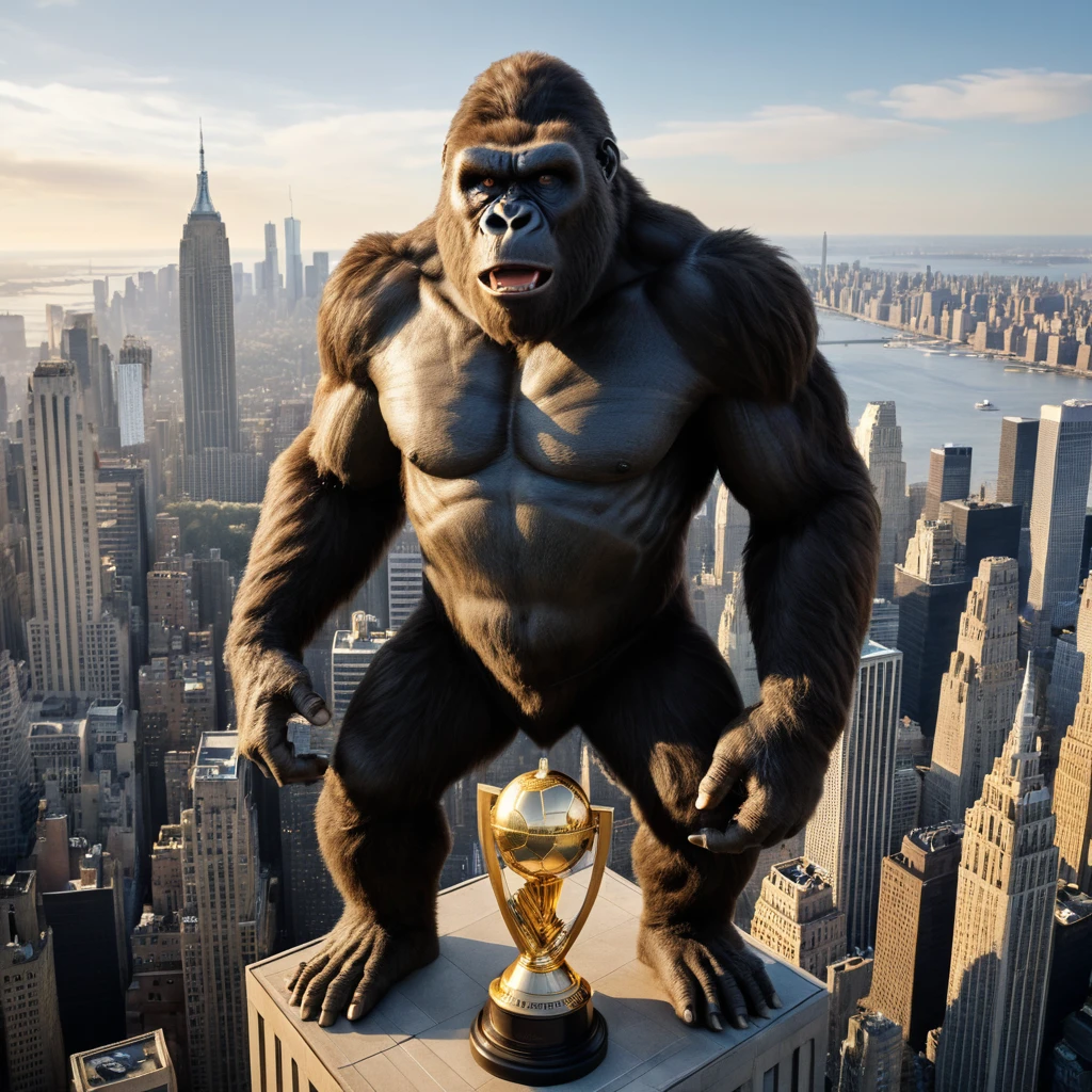 Giant gorilla in jersey atop Empire State Building at sunset