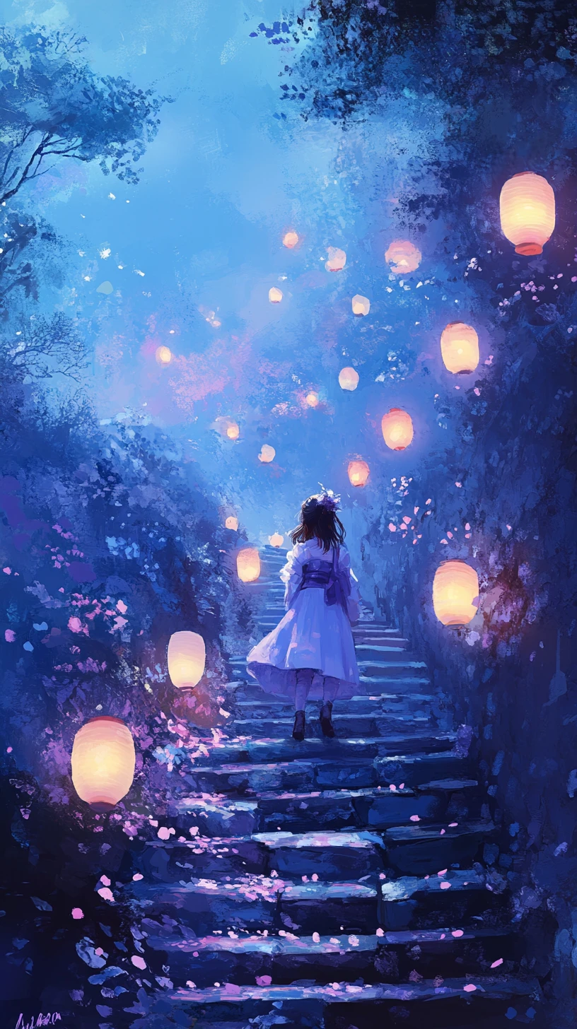 Young girl in hanbok on lantern lit stone staircase