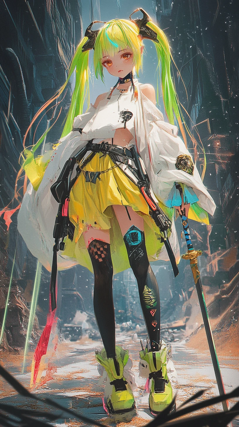 Cyberpunk anime girl in neon outfit with long braid