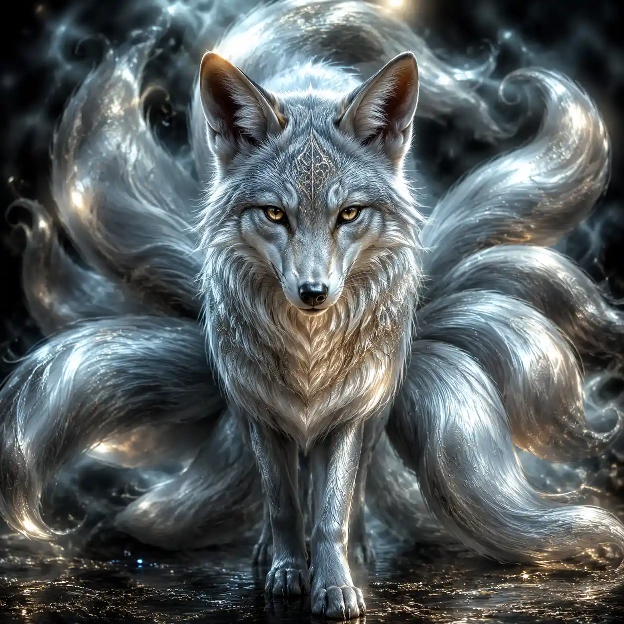 Silver kitsune fox facing viewer in dramatic fantasy scene