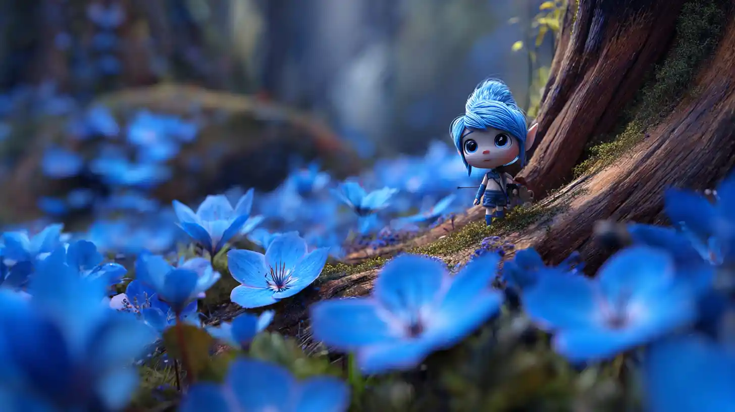 Tiny blue haired creature under a single blue forest flower