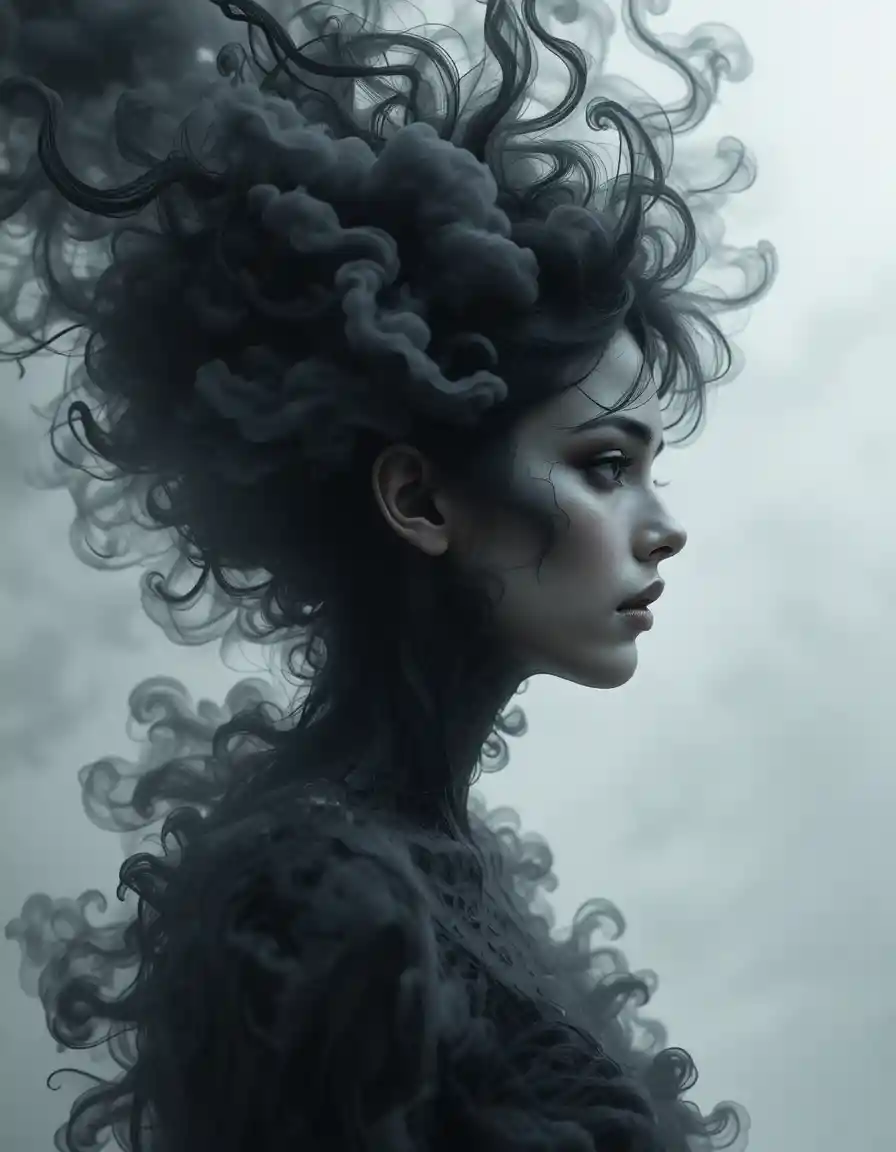 Side profile woman dissolving into dark swirling smoke
