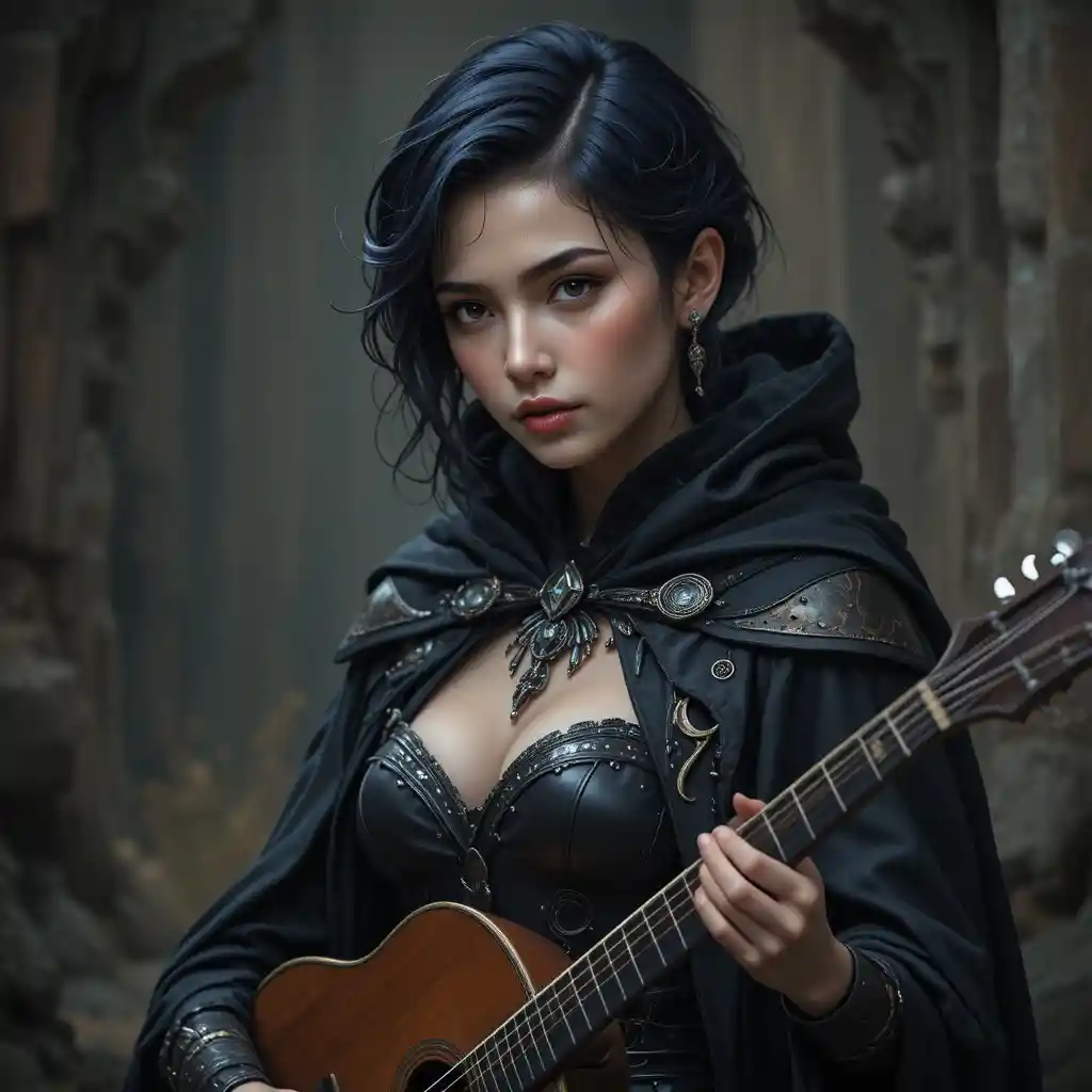 Dark fantasy bard woman with silver eyes and lute