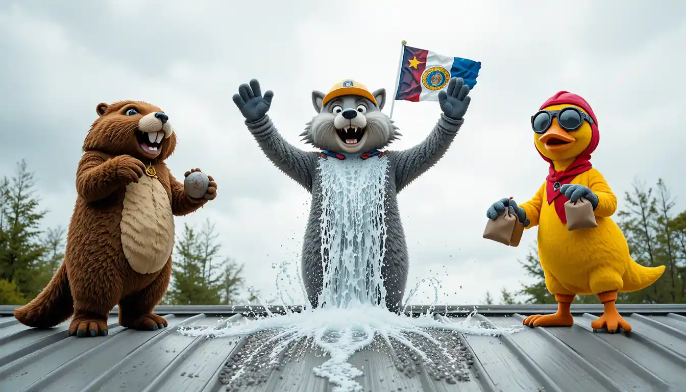 Three animal mascots celebrating on a metal rooftop