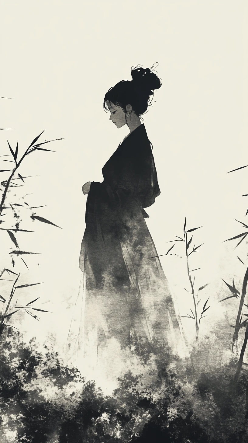 Elegant woman in ink wash standing in bamboo forest