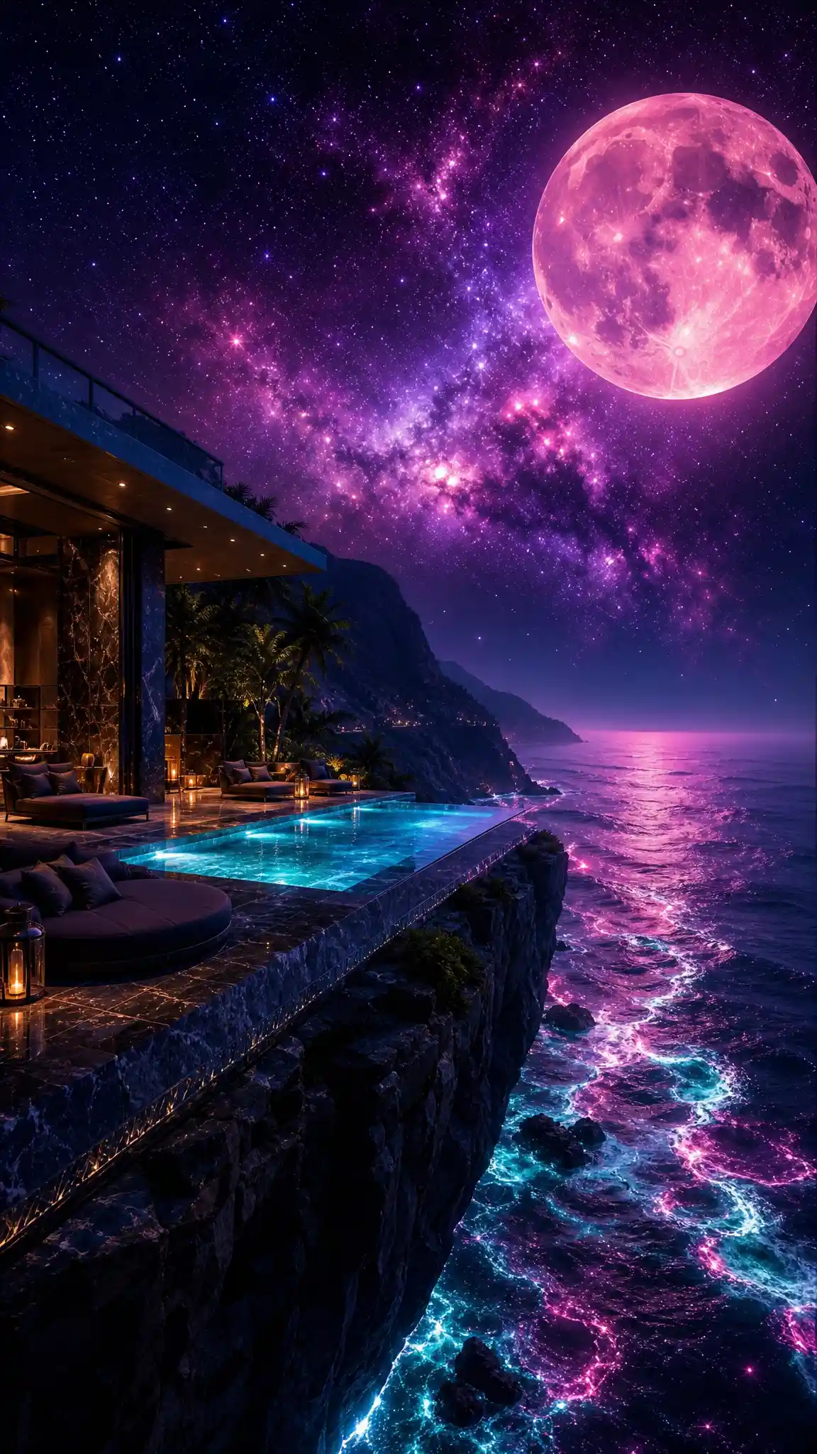 Luxury mountain infinity pool under a vast cosmic sky