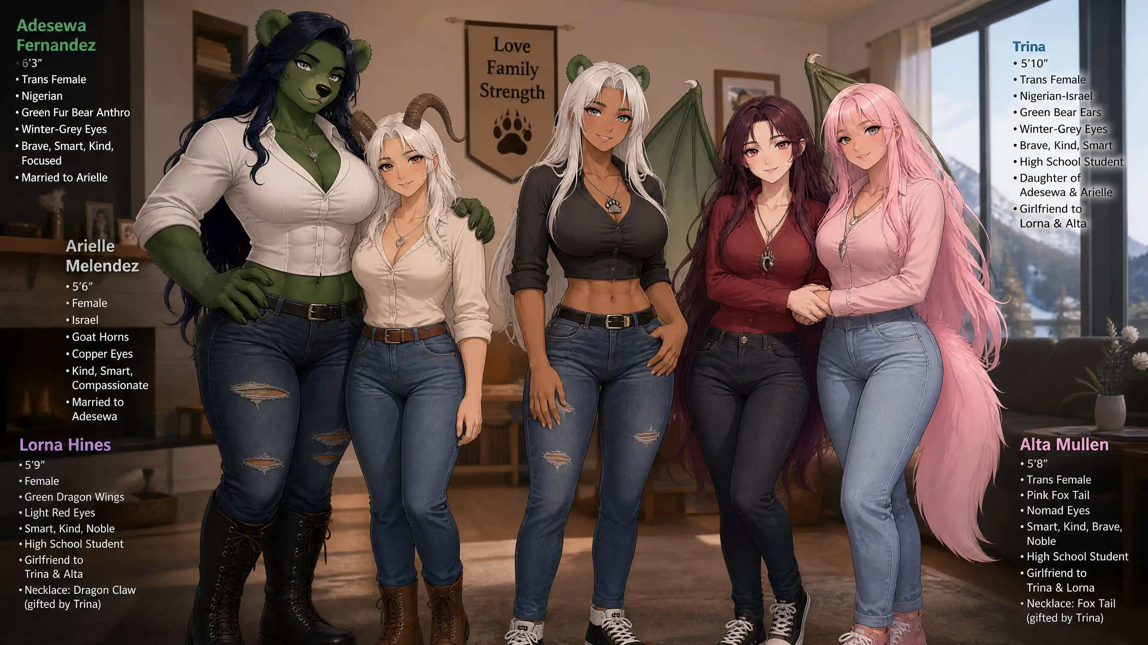 Tall green fur bear woman with long midnight blue hair