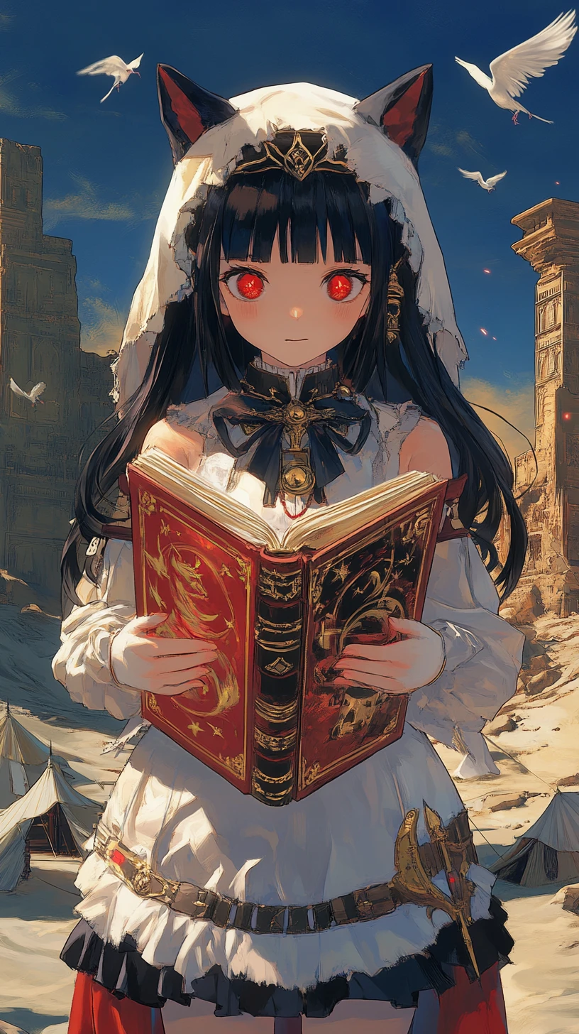 Girl with demonic book before ruined castle at dusk