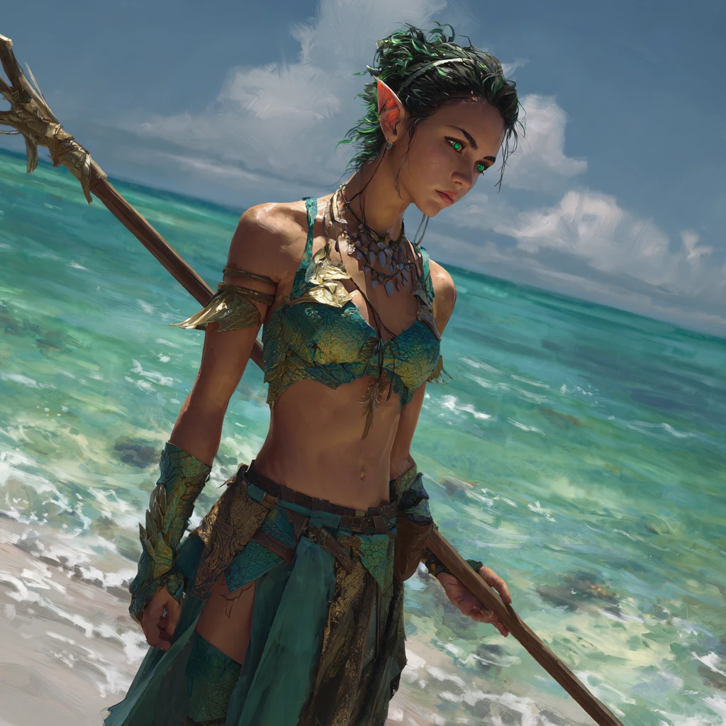 Green haired elf warrior with spear in an ocean realm