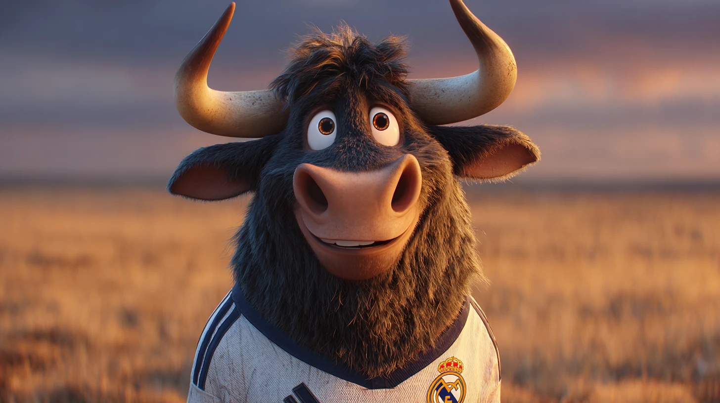 Smiling Spanish bull in Real Madrid shirt at sunset