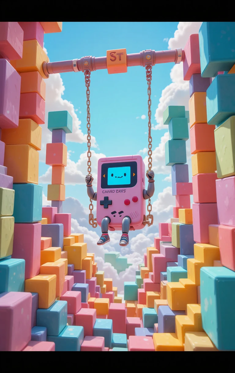 Playful 3D game console automaton swinging in tetris world