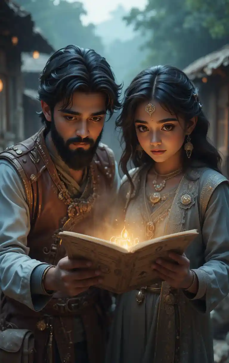 Friends studying a glowing ancient treasure map in a village