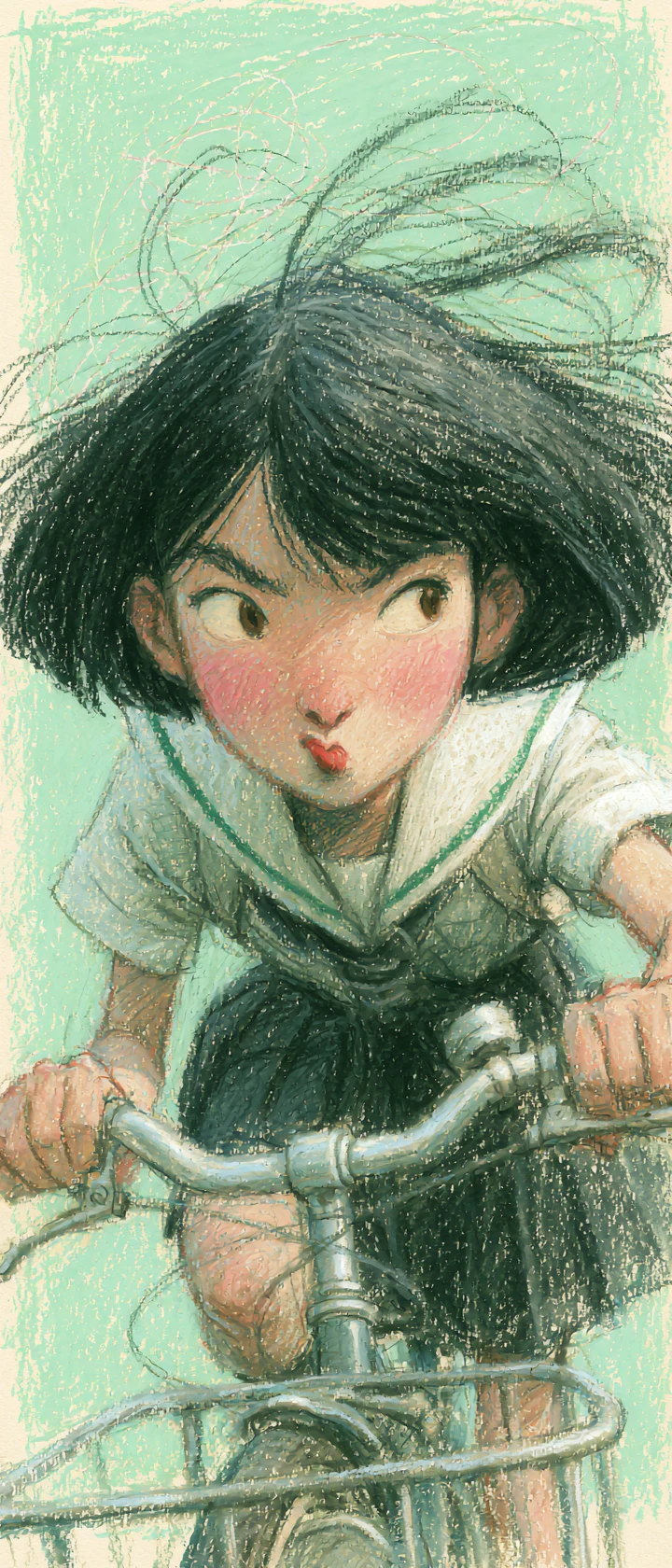 Japanese schoolgirl cycling forward in pastel sketch