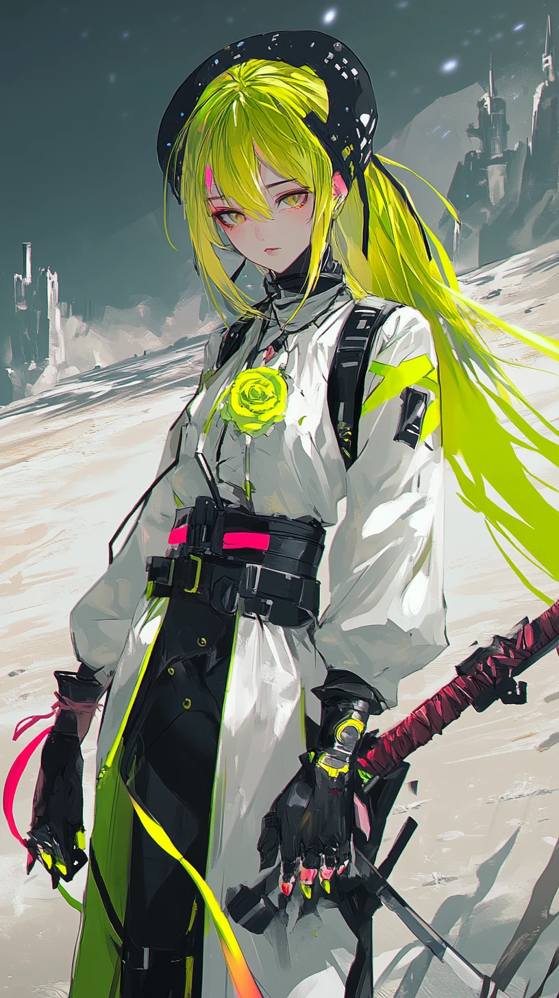Futuristisches Anime-Mädchen im Neon-Outfit mit langem Zopf