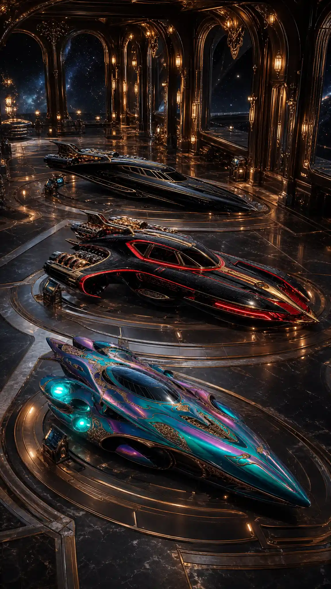 Luxurious boutique spaceport hangar with three sleek spacecraft