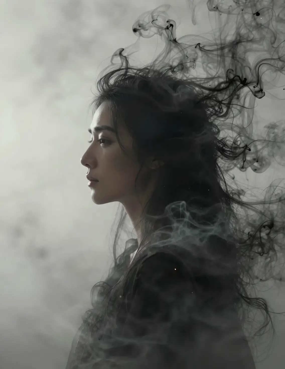 Side profile smoke wraith woman in cold cinematic portrait