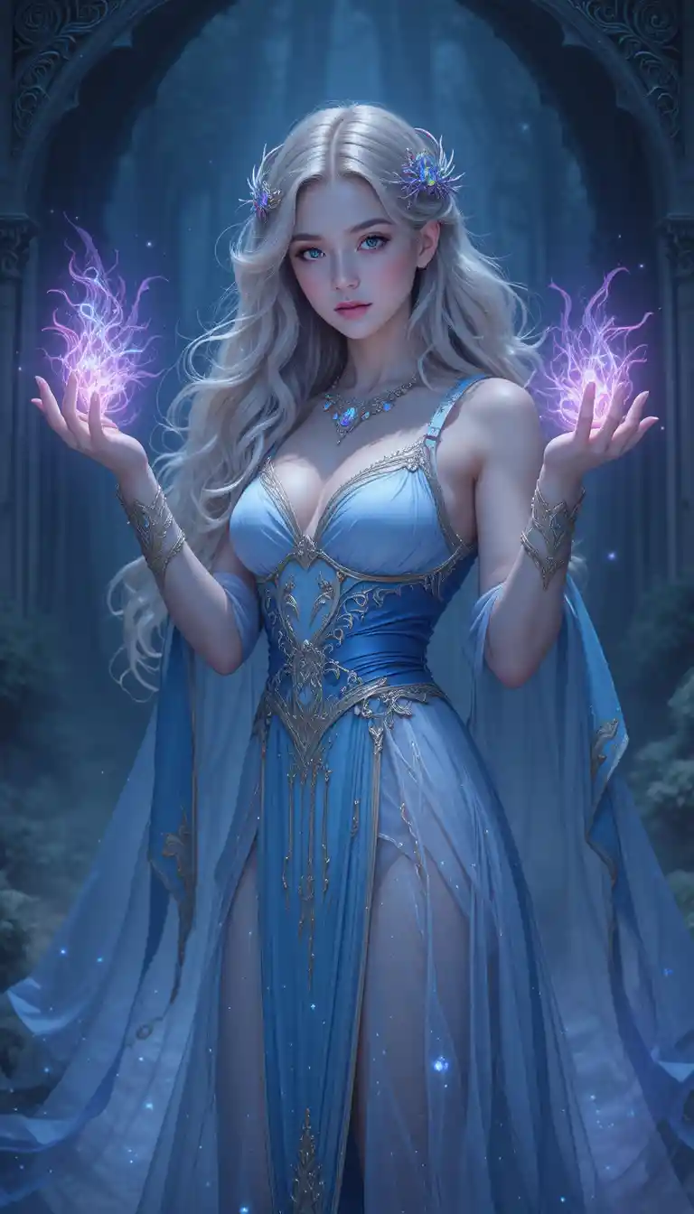 Young space witch with violet eyes casting glowing magic