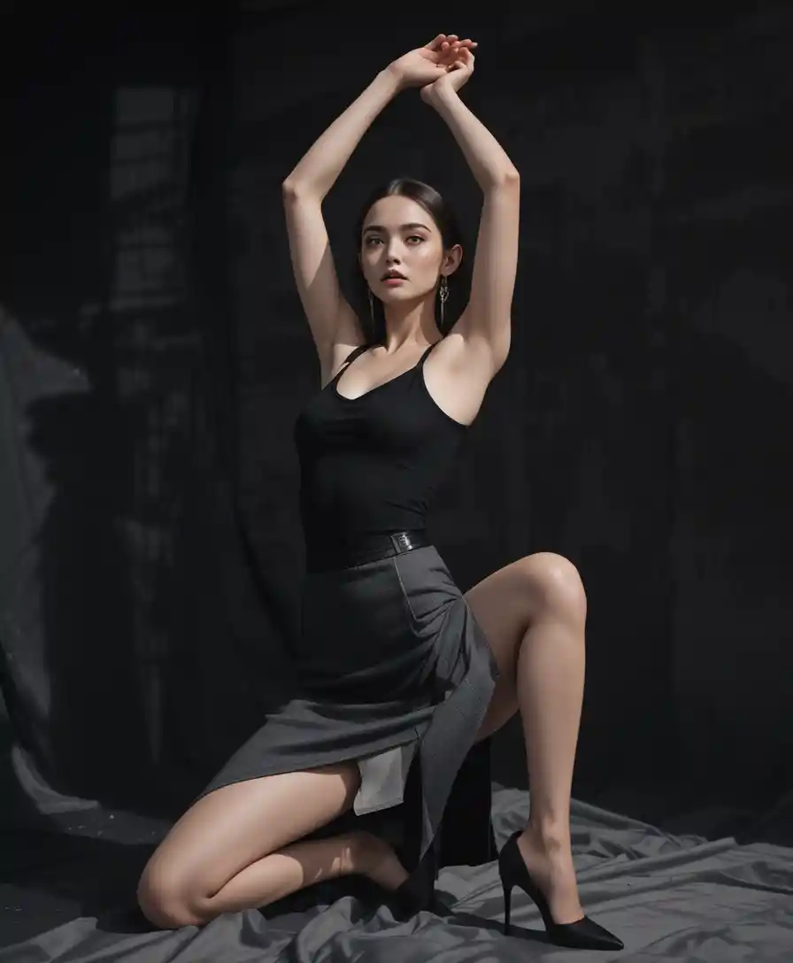 Fashion model in black bodysuit and grey pencil skirt