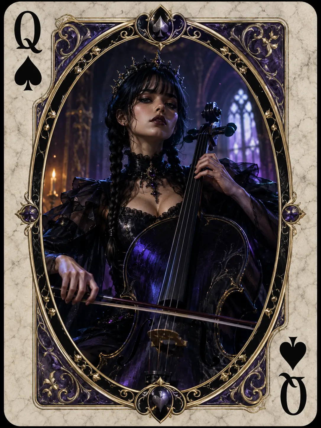 Sultry fantasy woman playing cello within ornate card frame