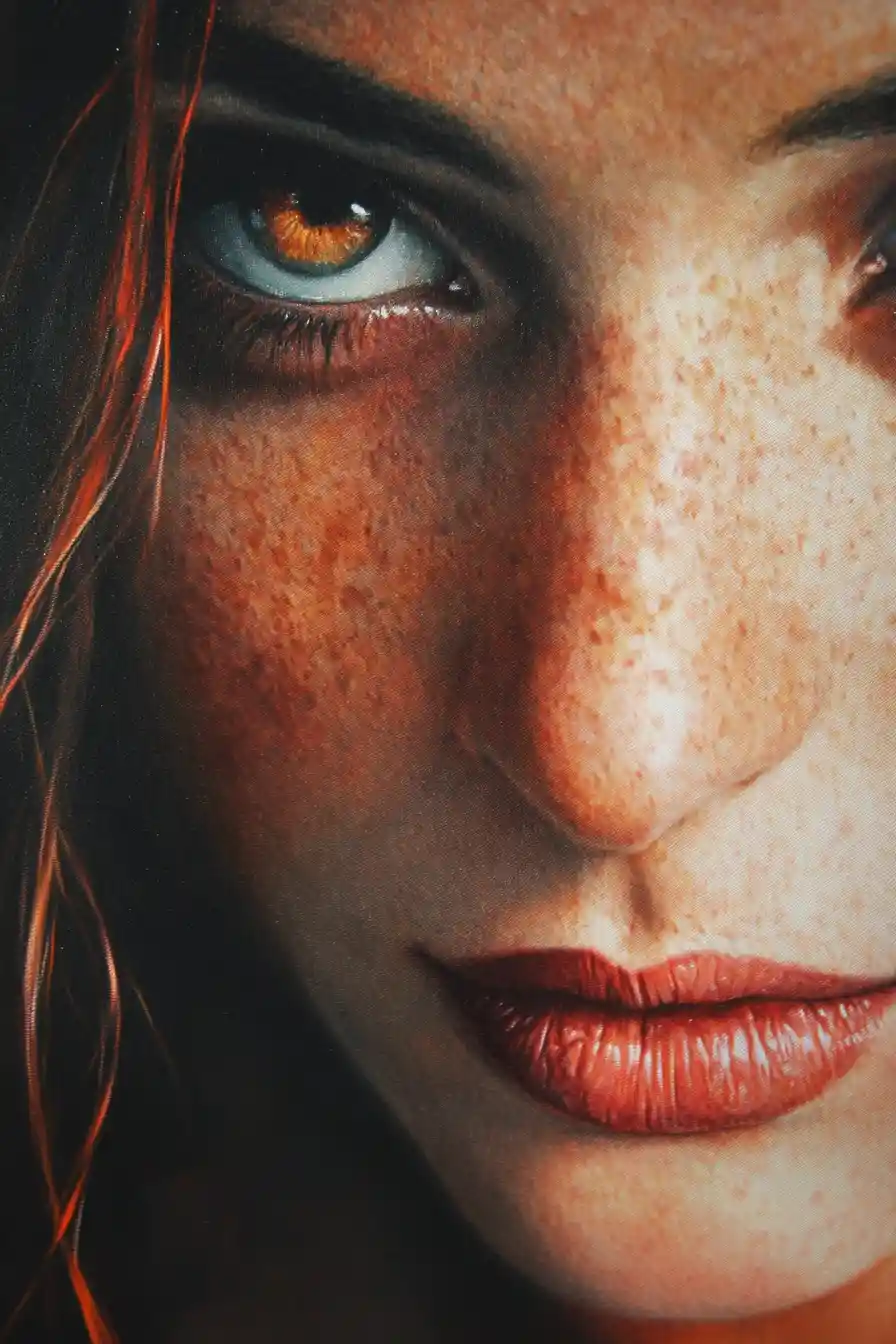 Airbrushed portrait of a calm girl with red eyeshadow