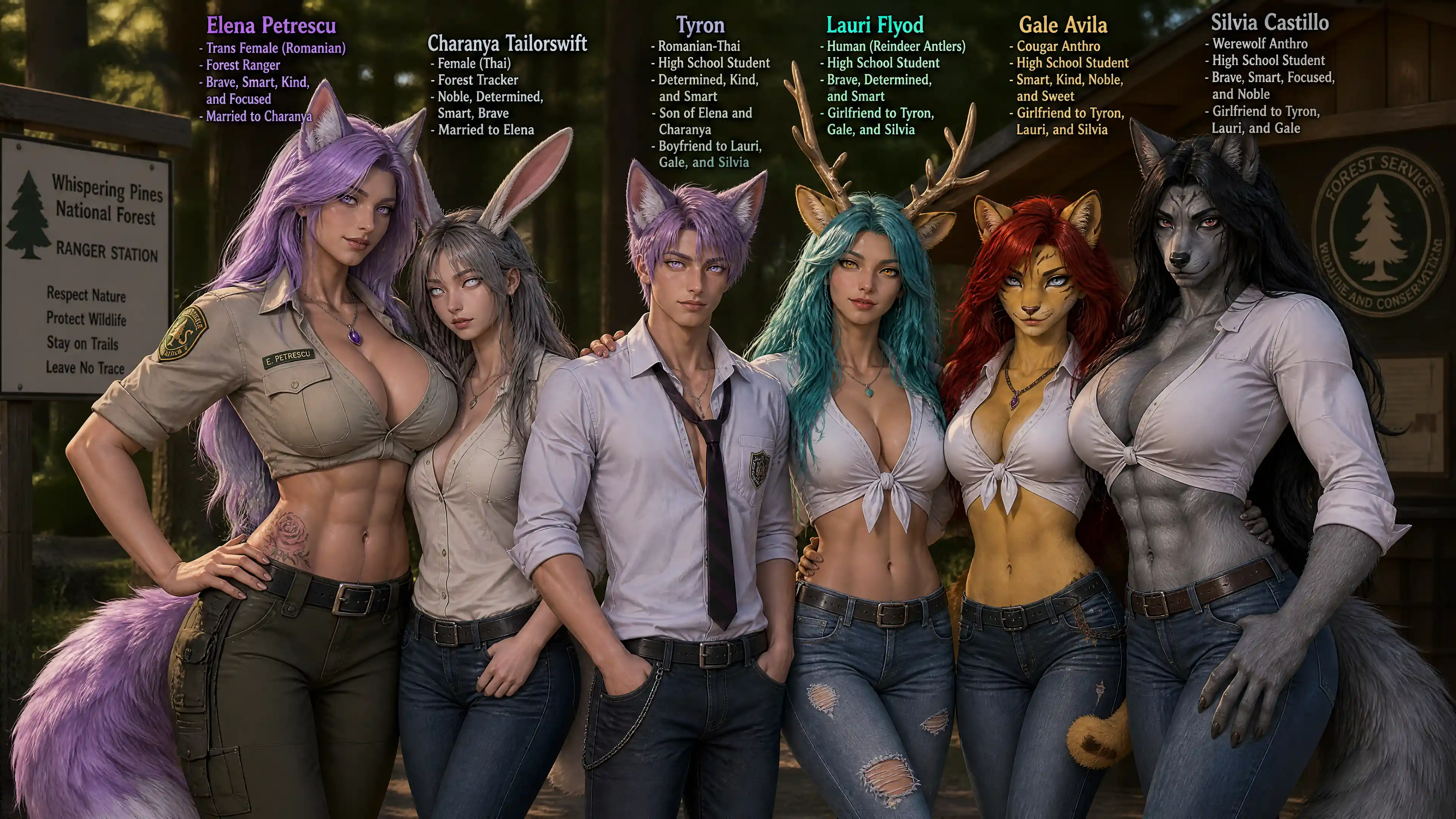 Lavender haired fox eared forest ranger woman with tattoo