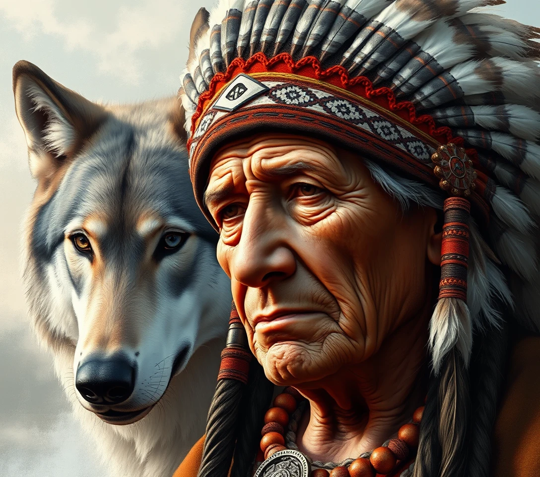 Elderly native american chief with feathered headdress
