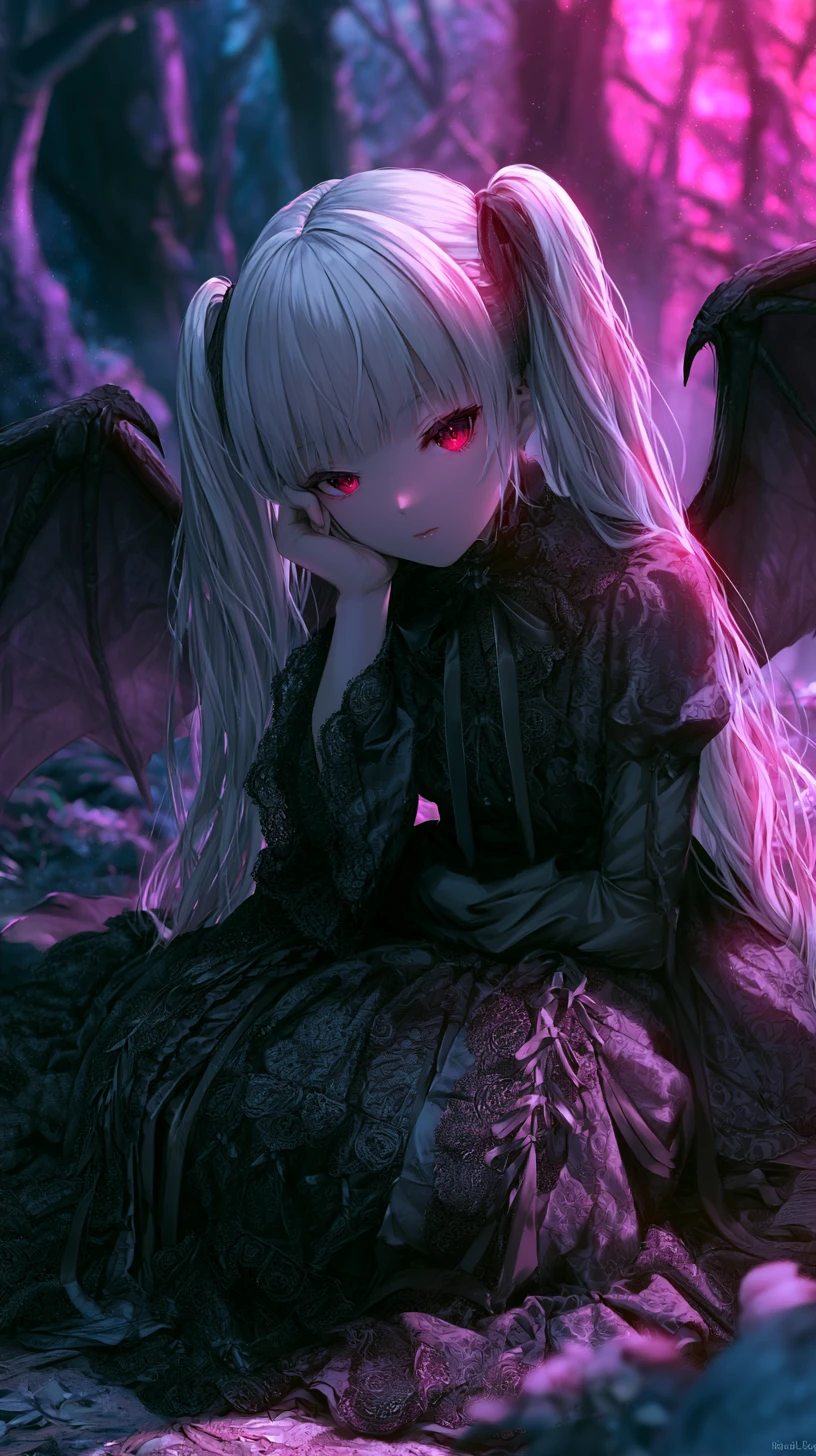 Gothic anime girl with demon wings in dark forest