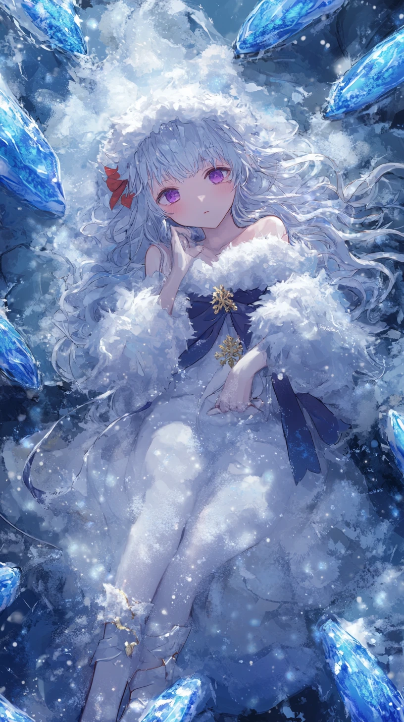 Anime girl in ornate winter dress with floral embroidery