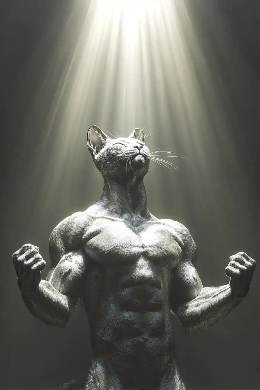 Muscular magical cat glowing with ancient star fed power