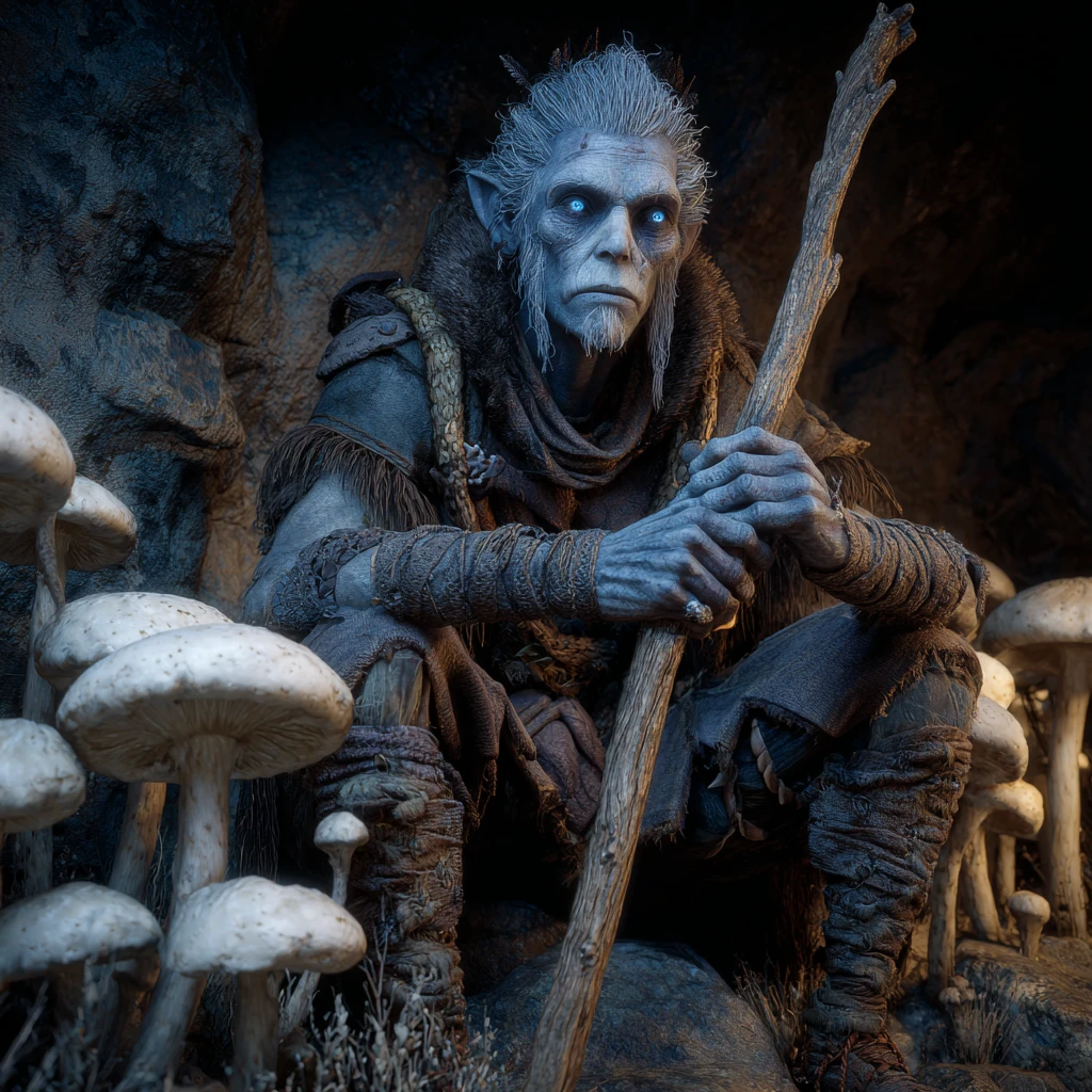 Dark fantasy druid with staff in a shadowy cave