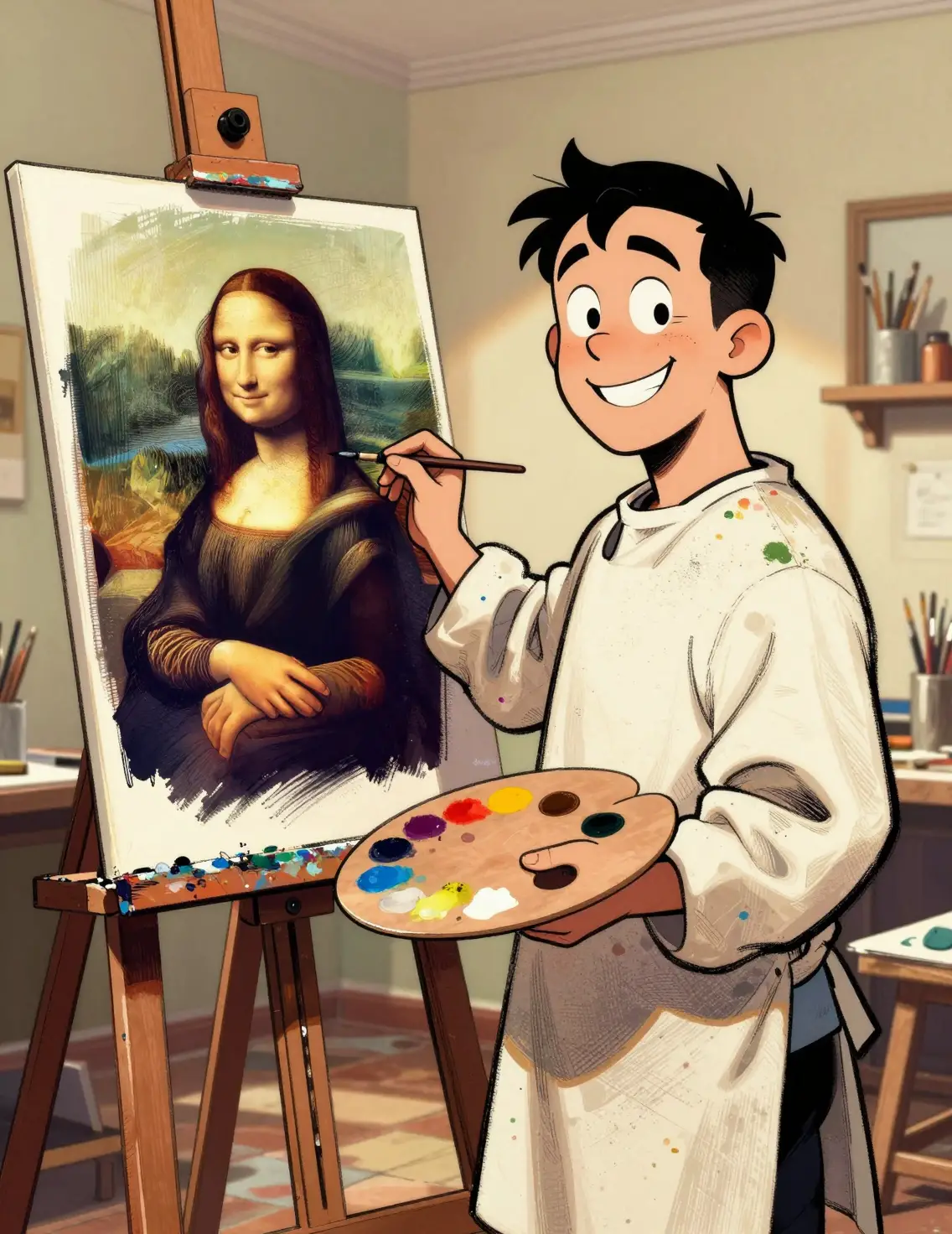 Cheerful painter creating a comic twist on Mona Lisa
