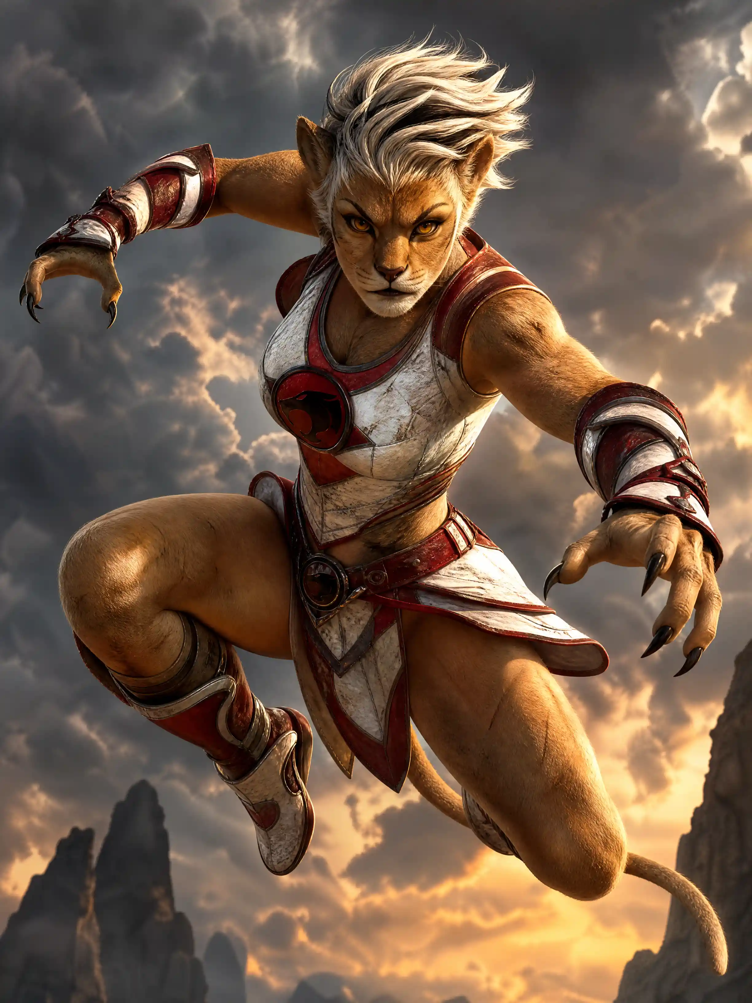 Feline warrior woman leaping through cinematic fantasy light