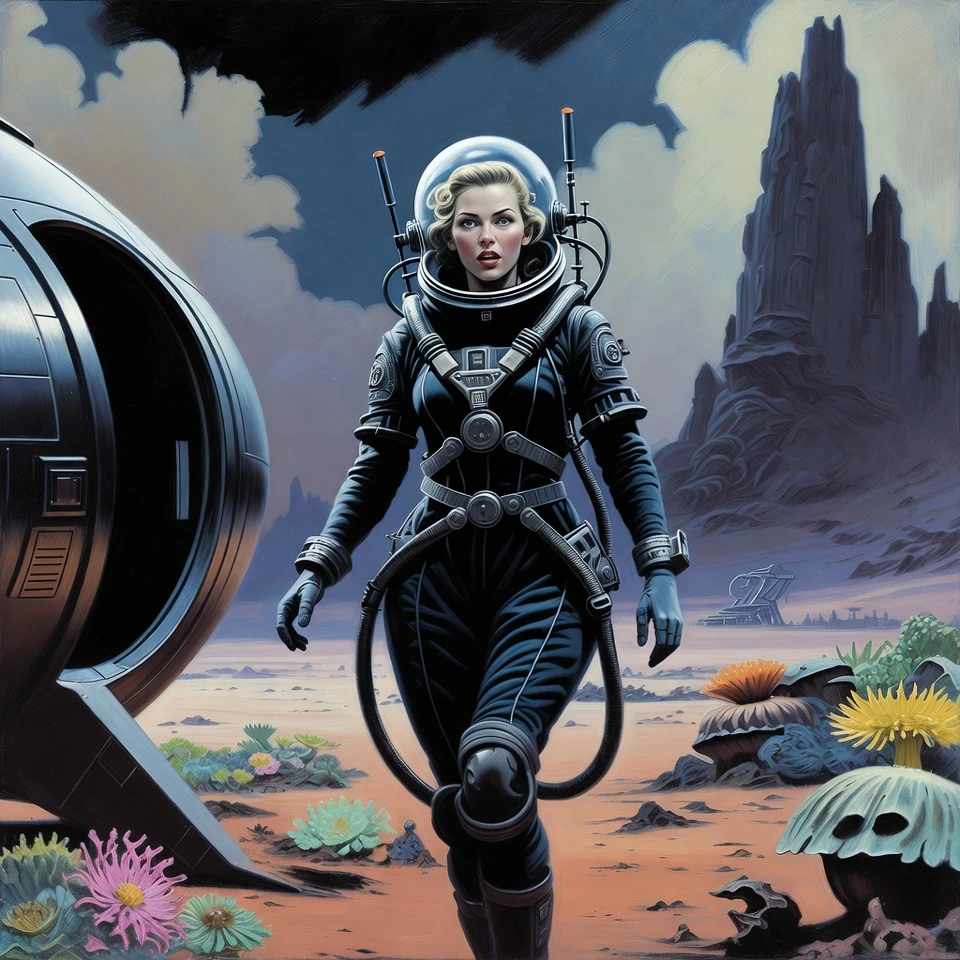 Curvy astronaut woman steps onto a mysterious alien planet